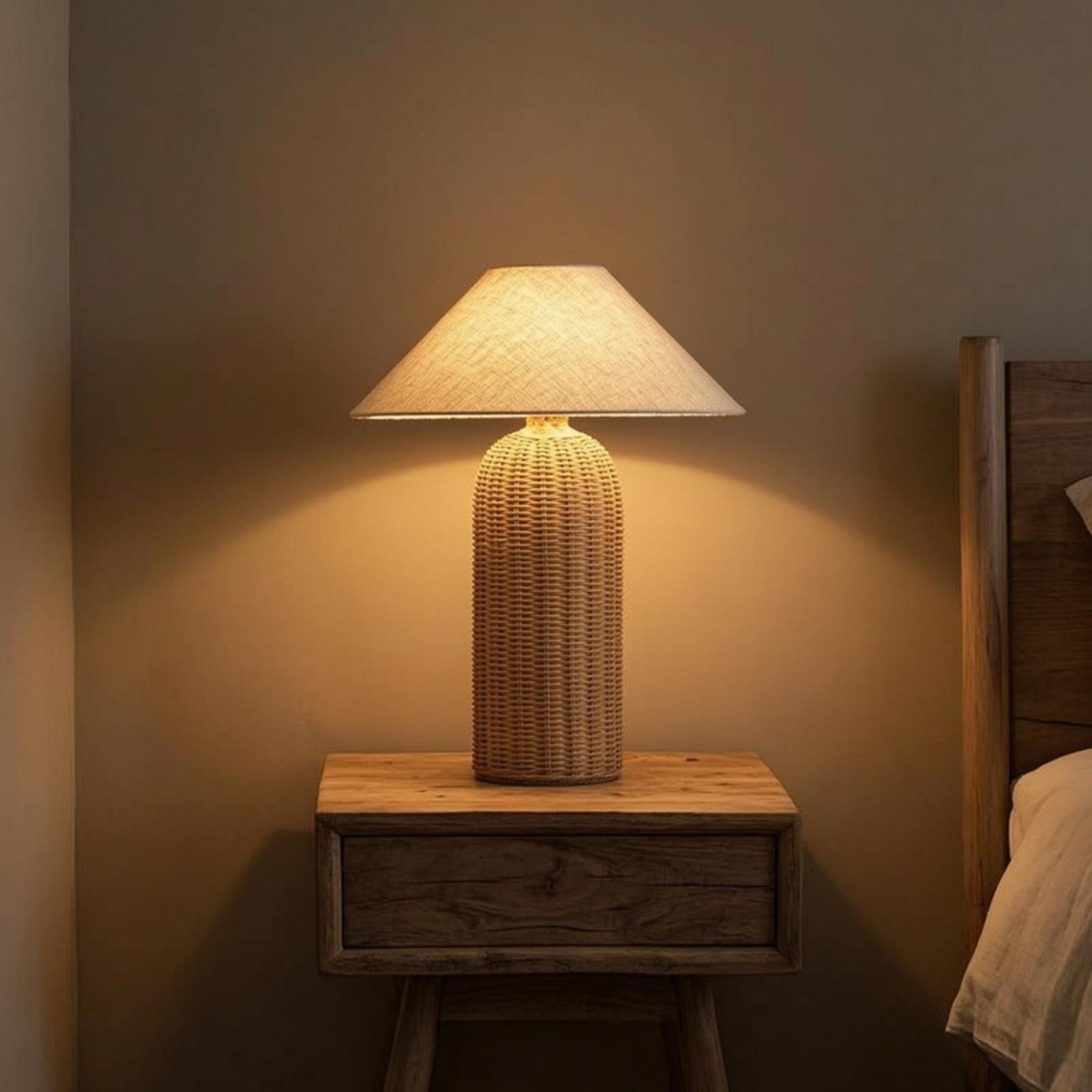 Bedroom Furniture - Bedside Lamp Rattan Base Fabric Shade