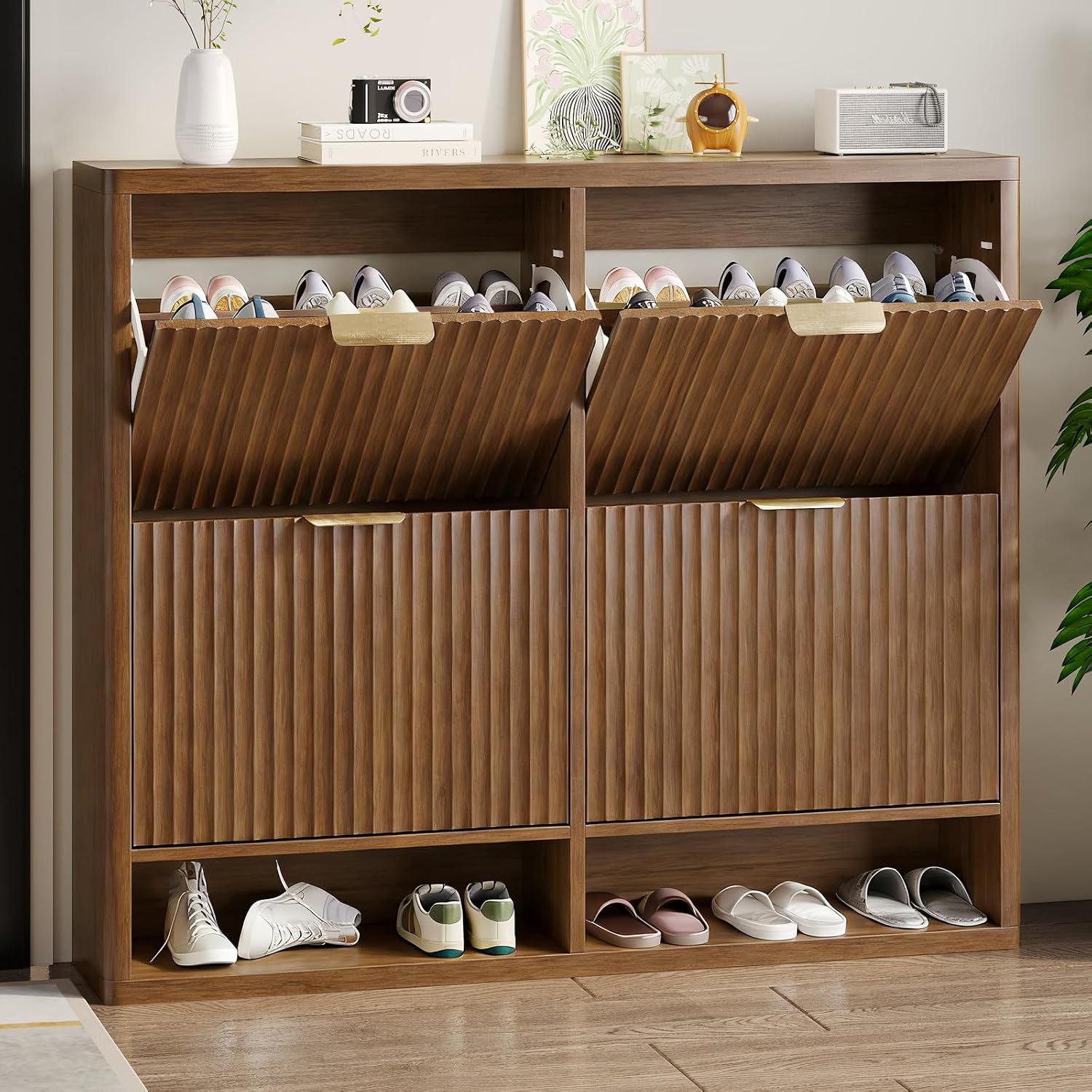 Fluted Shoe Cabinet with 4 Fli - Shoe Rack Cabinet Narrow Entryway review and price